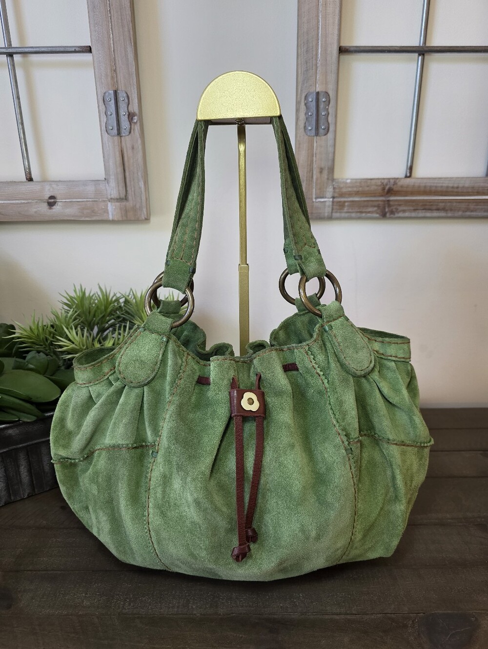 Vintage Lucky Brand Olive Green Suede Hobo Bag Floral Lining